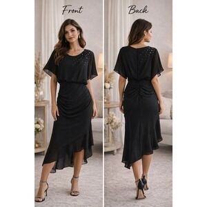 Cocktail Waist party Dress Women Black Ruched Flutter Sleeve Rhinestone Elegant